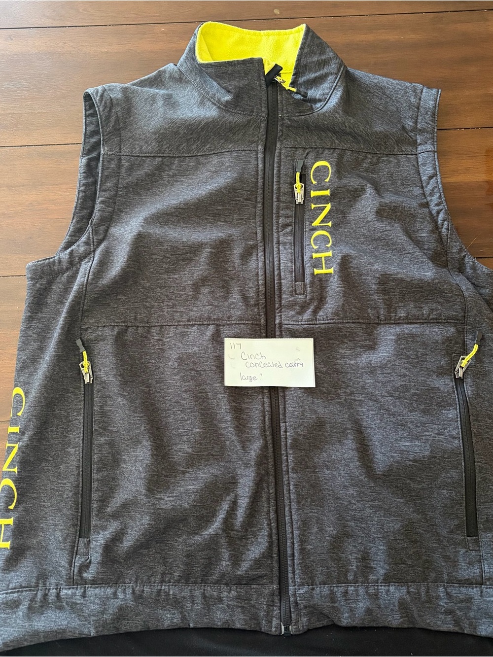 Cinch Charcoal Gray Vest with Yellow Accents Conceal Carry